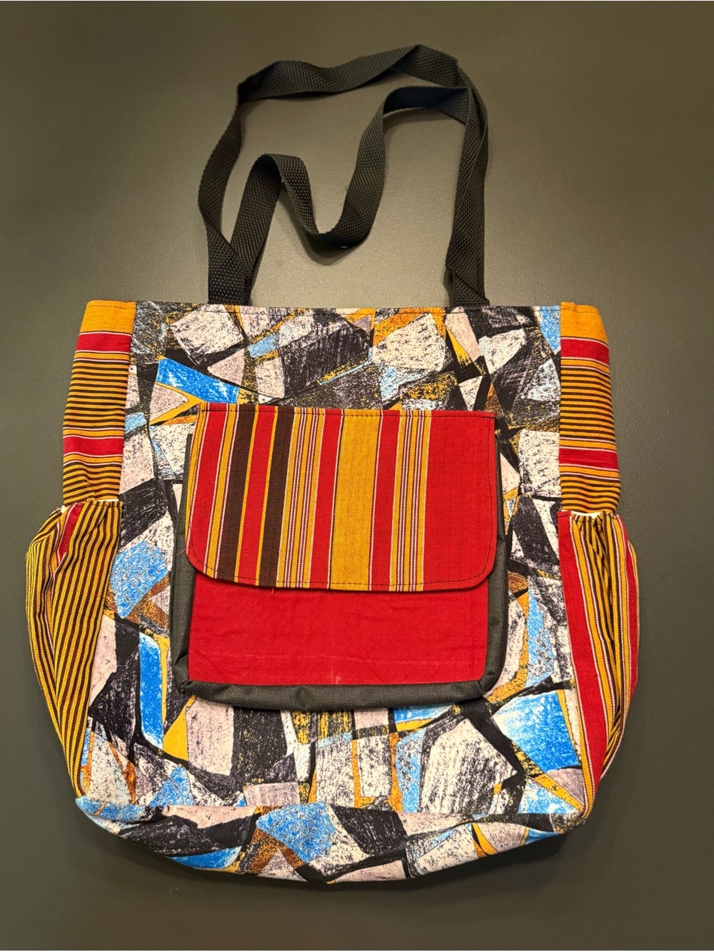 Vibrant Multicolor Patchwork Tote with Red Front Pocket